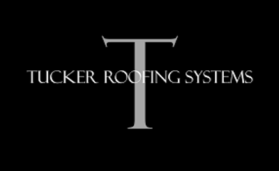 Large gray "T" with "Tucker Roofing Systems" written across it on a black background.
