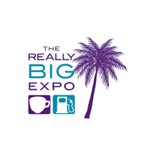 Logo for "The Really Big Expo" with a purple palm tree and icons of a coffee cup and a gas pump.