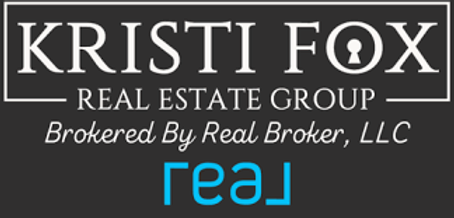 Kristi Fox Real Estate Group logo with keyhole in "O" and "Real Broker, LLC" text and blue "real" below.