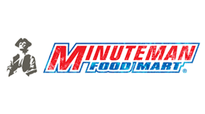 Minuteman Food Mart logo with a colonial soldier graphic on the left and bold red and blue text on the right.