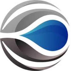 Abstract circular logo with gray, white, and blue curved shapes forming a stylized eye or wave pattern.