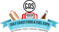 Logo for Gulf Coast Food & Fuel Expo with images of a hotdog, gas pump, and drink bottle.