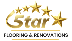 Logo with five gold stars, “5 star” text, and “FLOORING & RENOVATIONS” written below in black and gold.