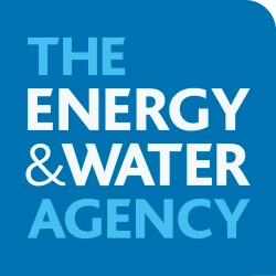 Blue square logo with the words "The Energy & Water Agency" in white and light blue uppercase text.