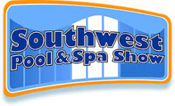 Logo with text "Southwest Pool & Spa Show" on a blue and orange background with white arch shapes.